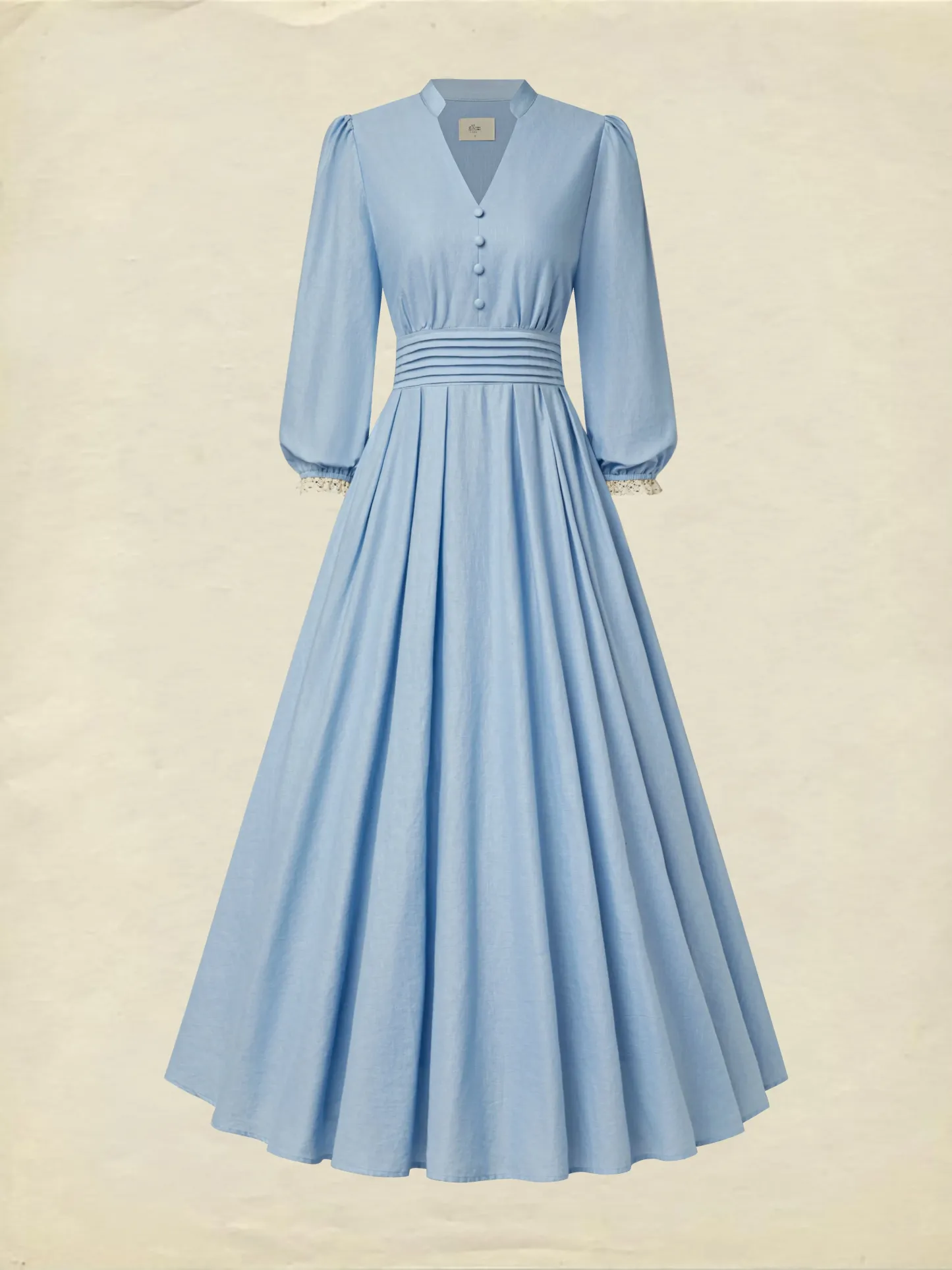 Midi Cotton Dress, Half Sleeve, V Neck, Plain, Lace, Vintage, Blue - Blue