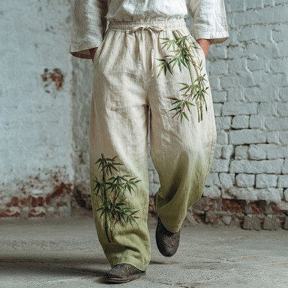 Men's Japanese Bamboo Art Pattern Linen Blend Casual Pants - Beige