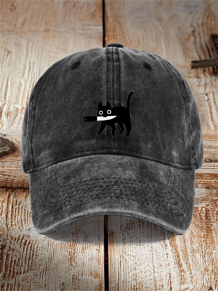 Funny Black Cat Print Washed Hat - Black