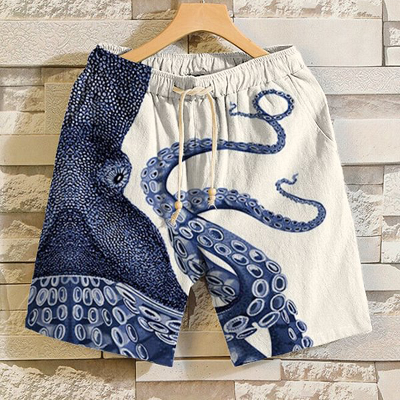 Japanese Art Octopus Graphic Printed Casual Shorts - Beige
