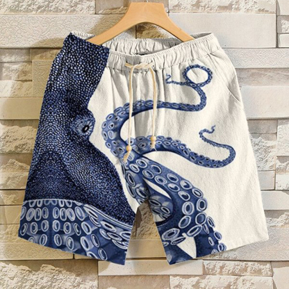 Japanese Art Octopus Graphic Printed Casual Shorts - Beige