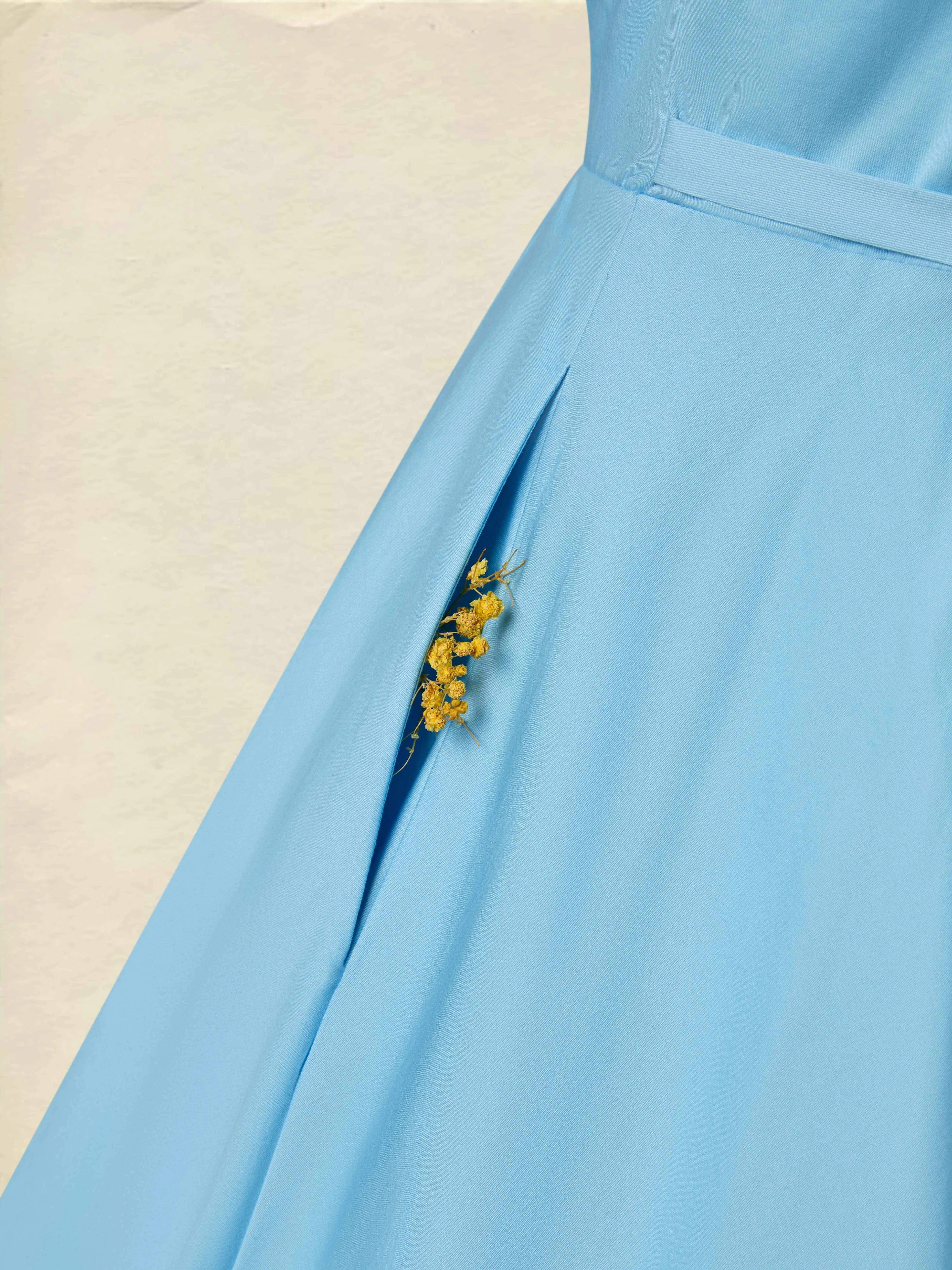Midi Cotton Dress, Built-in Bra, Sleeveless, Sweetheart Neck, Plain, French Vintage, Blue - Blue