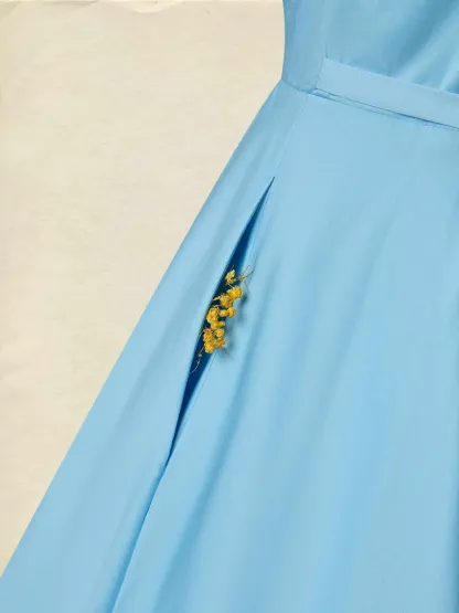 Midi Cotton Dress, Built-in Bra, Sleeveless, Sweetheart Neck, Plain, French Vintage, Blue - Blue