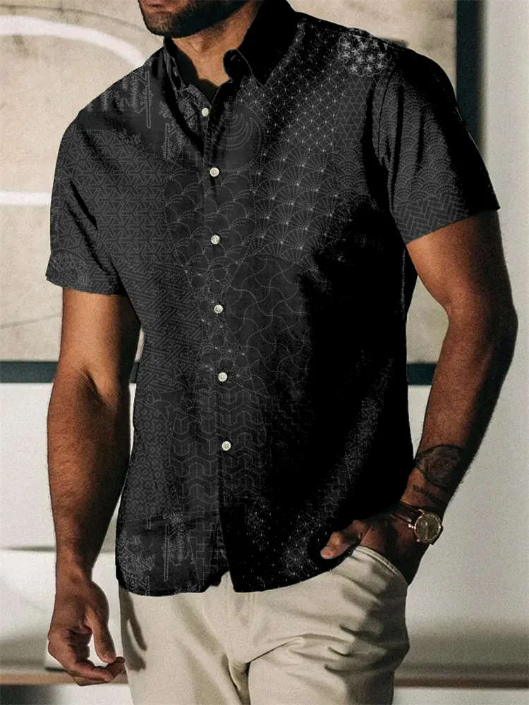 Men's Japanese Traditional Sashiko Art Linen Blend Shirt - Black