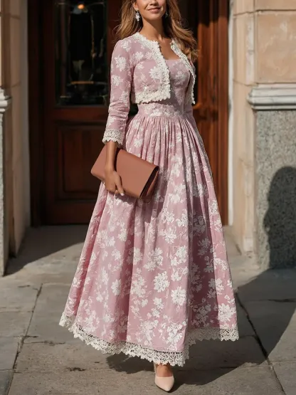 Maxi Linen Dress Set, Half Sleeve, Round Neck, Floral, Lace, Vacation, Vintage, Light Pink - Light Pink