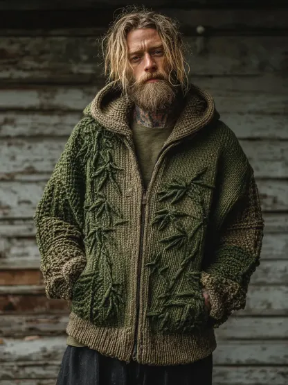 Men's Vintage Bamboo Embroidery Art Knit Zip Up Hooded Sweater - Khaki