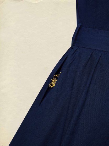 Maxi Cotton Dress, Long Sleeves, Stand Collar, Plain, Belt Design, French Vintage, Blue Purple - Blue Purple
