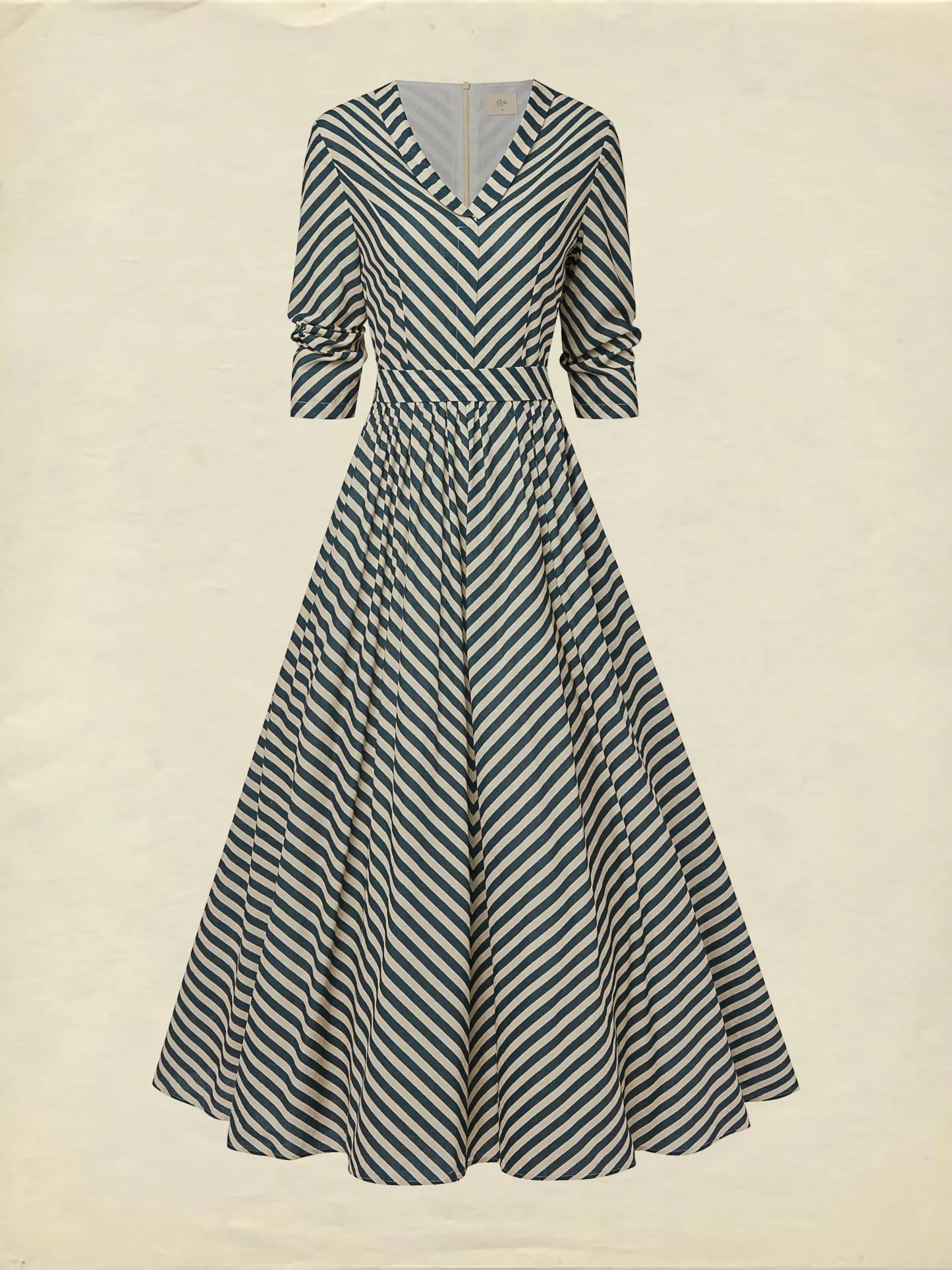 Maxi Cotton Dress, Half Sleeve, V Neck, Striped, French Vintage, Blue - Blue