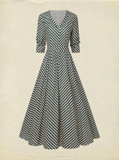 Maxi Cotton Dress, Half Sleeve, V Neck, Striped, French Vintage, Blue - Blue