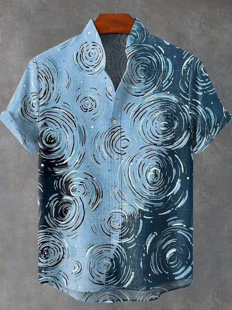 Water Ripples Vintage Art Print Casual Cotton Shirt - Blue