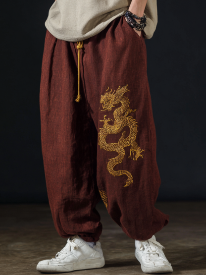 Men's Casual Cotton And Linen Wide-leg Pants With Dragon Patterns And Embroidered Floral Patterns - Black