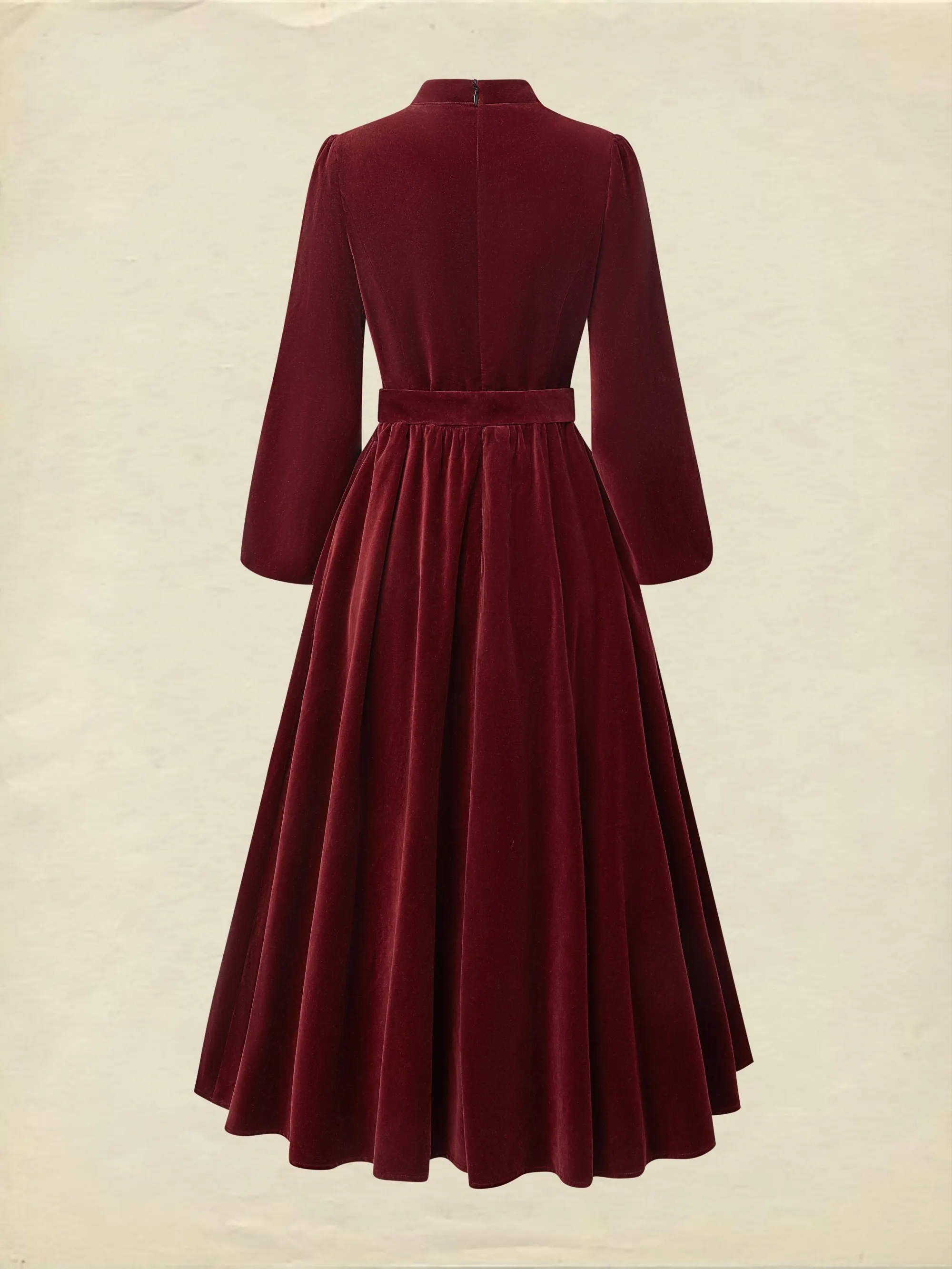 Midi Cotton Dress, Long Sleeves, Stand Collar, Plain, Vintage, Wine Red - Wine Red