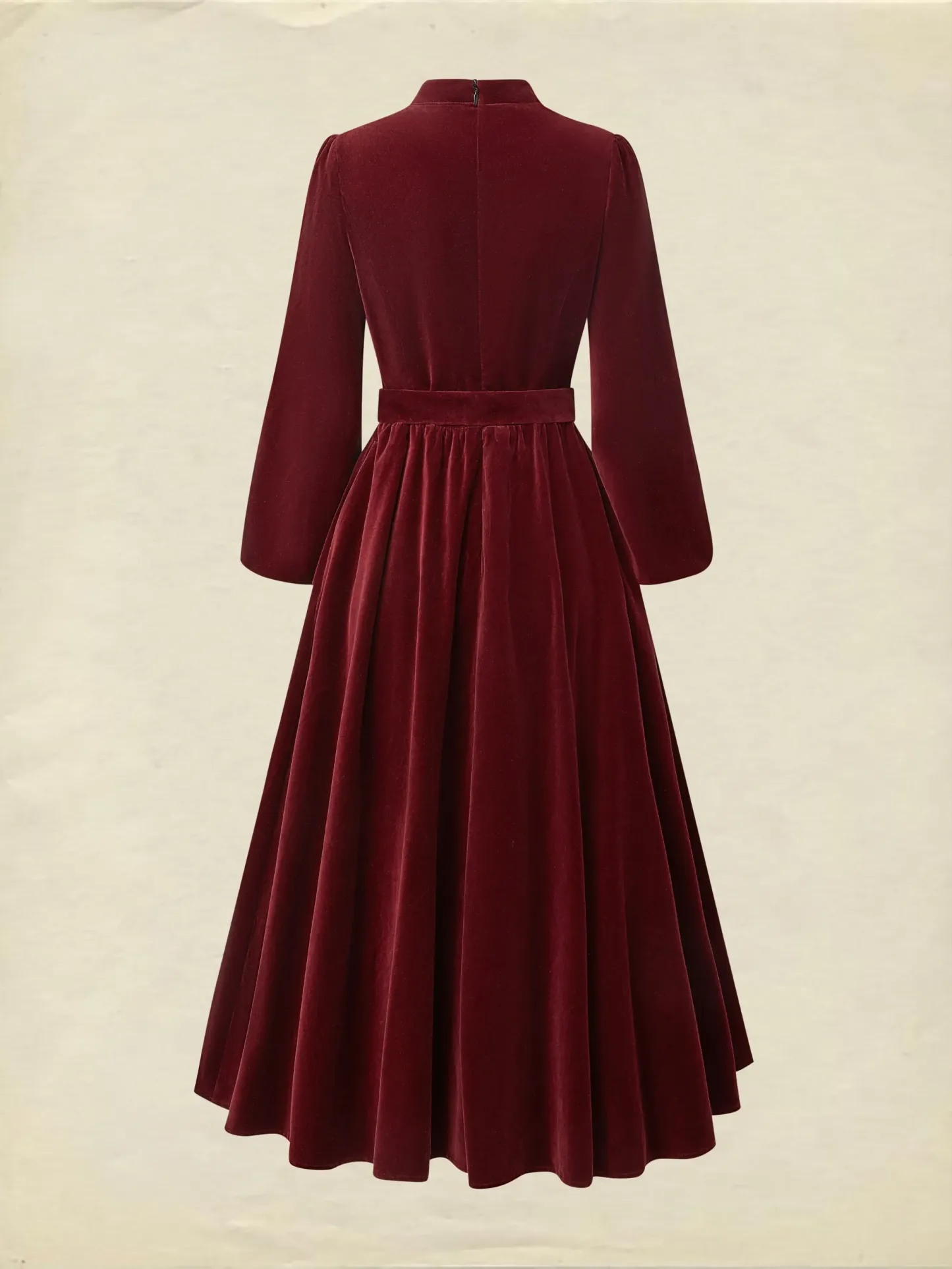 Midi Cotton Dress, Long Sleeves, Stand Collar, Plain, Vintage, Wine Red - Wine Red