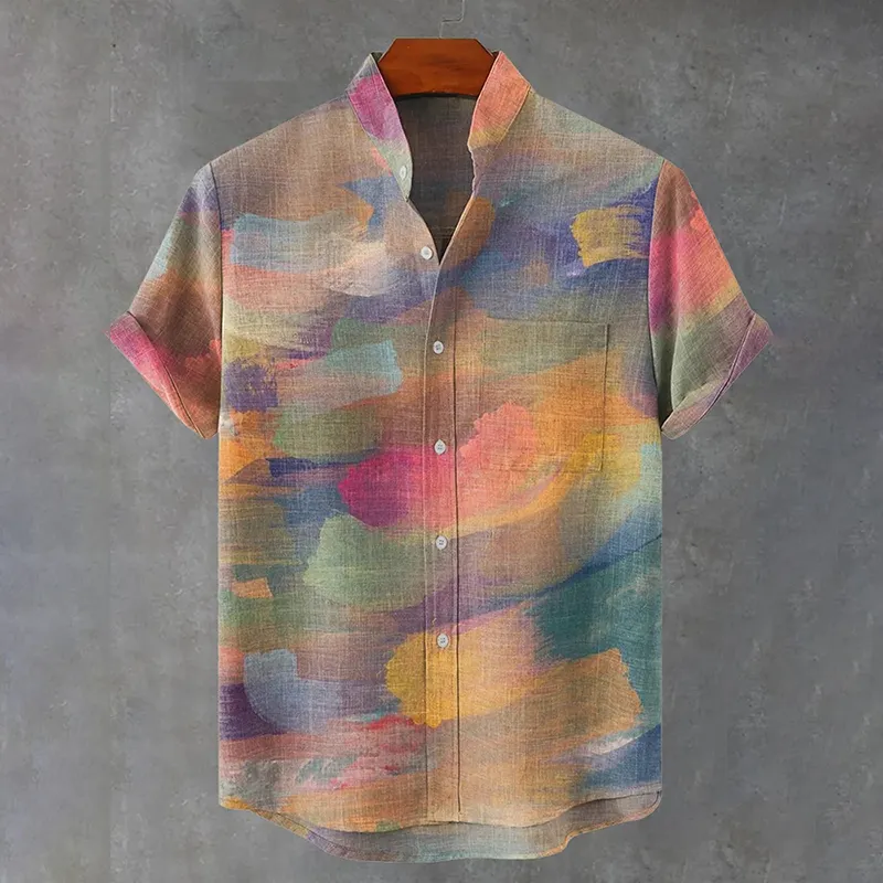 Vintage Gradient Oil Painting Art Print Casual Cotton Shirt - Pink