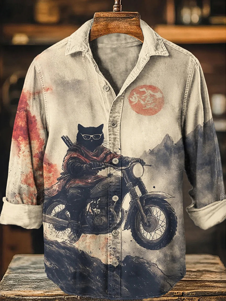 Men's Retro Black Cat On Motorcycle Art Print Long Sleeve Shirt - Beige