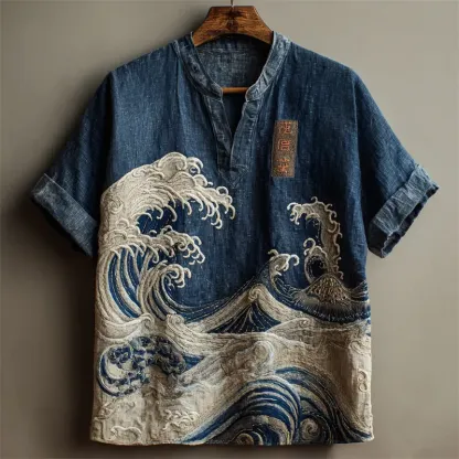 Japanese Great Sea Wave Denim Washed Linen Shirt - Blue