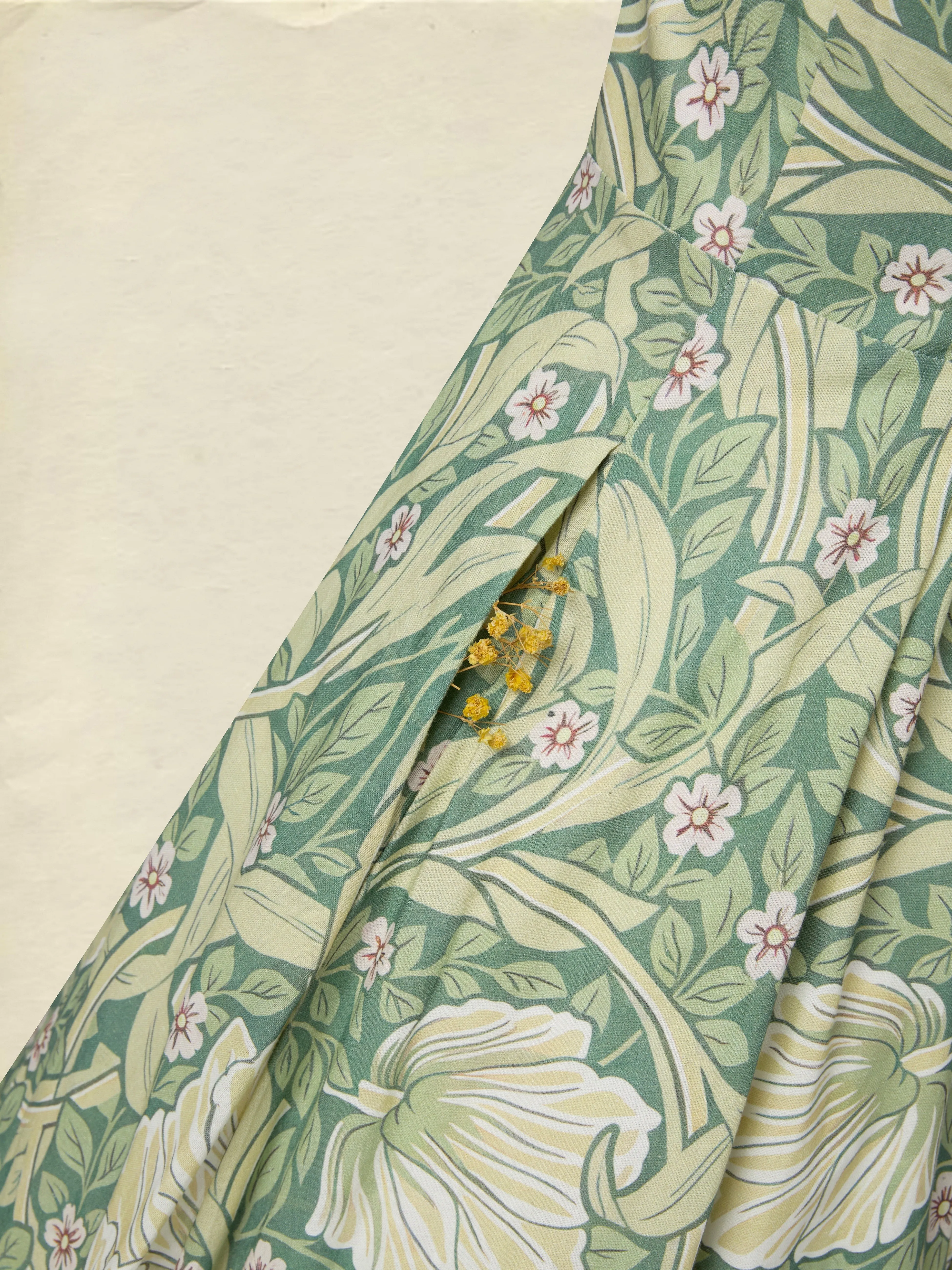 Maxi Linen Dress, Half Sleeve, Lapel Collar, Paisley, Button Design, Vacation, Vintage, Green - Green