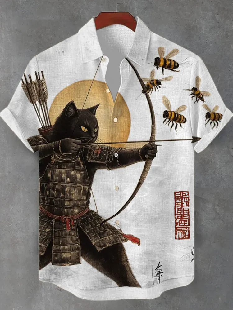 Men's Black Cat Tribal Warrior Japanese Kyudo Print Short Sleeve Shirt - Beige