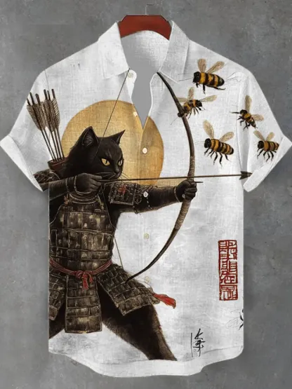 Men's Black Cat Tribal Warrior Japanese Kyudo Print Short Sleeve Shirt - Beige
