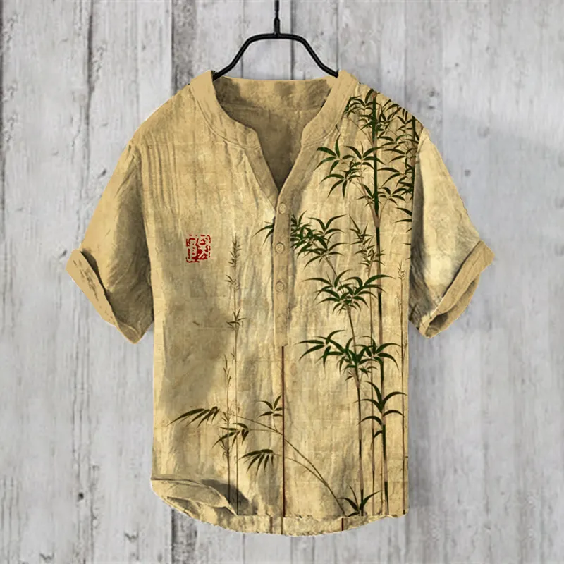 Bamboo Japanese Art Linen Blend Shirt - Khaki
