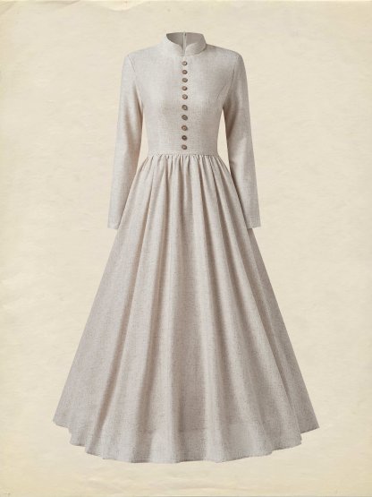 Maxi Linen Dress, Long Sleeve, Stand Collar, Linen Blend, Plain, Vintage, Apricot - Apricot