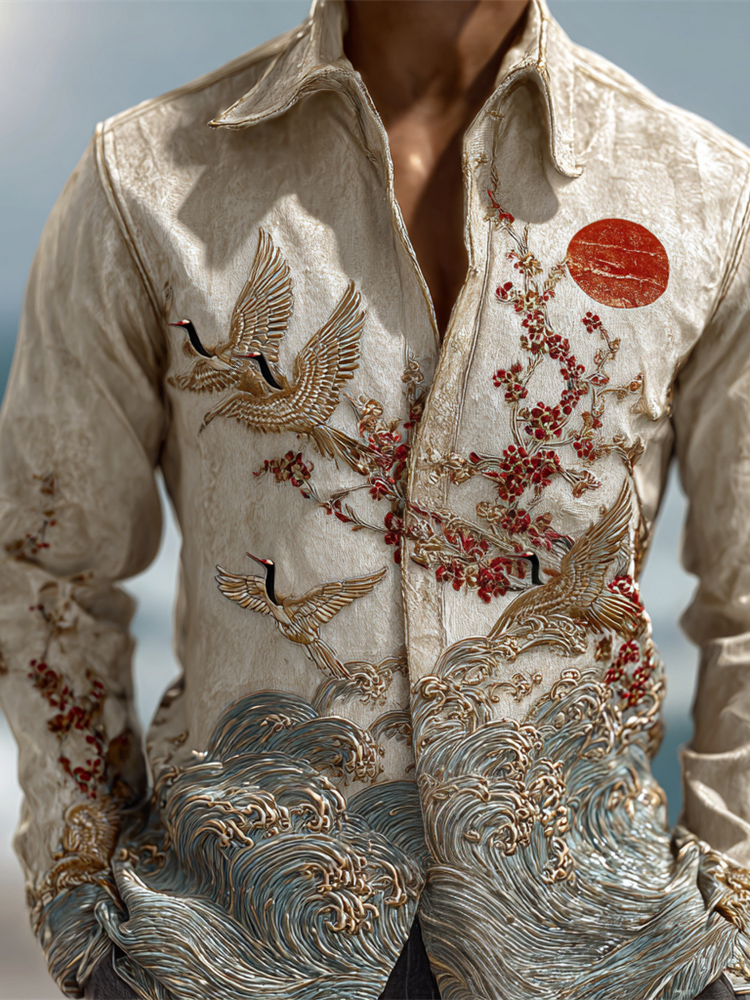 Vintage Japanese Crane & Flower Embroidery Men's Long Sleeve Shirt - Beige