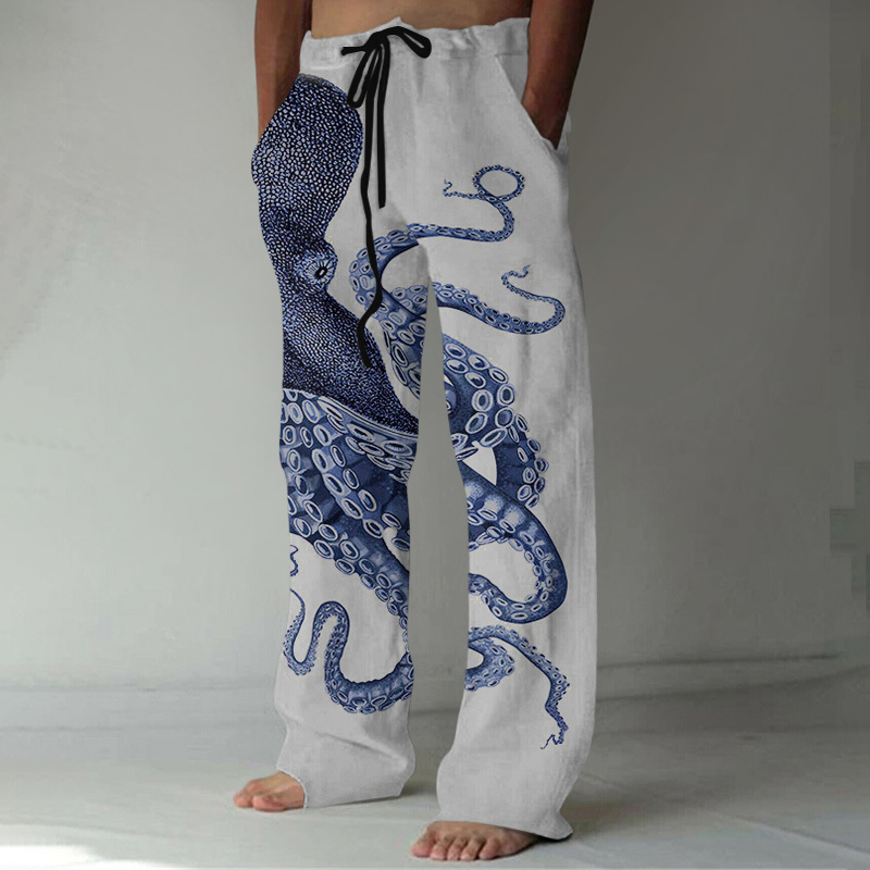 Japanese Art Octopus Graphic Printed Casual Pants - Beige