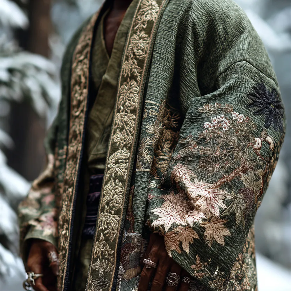 Japanese Maple Leaf Embroidery Art Men's Kimono - Green