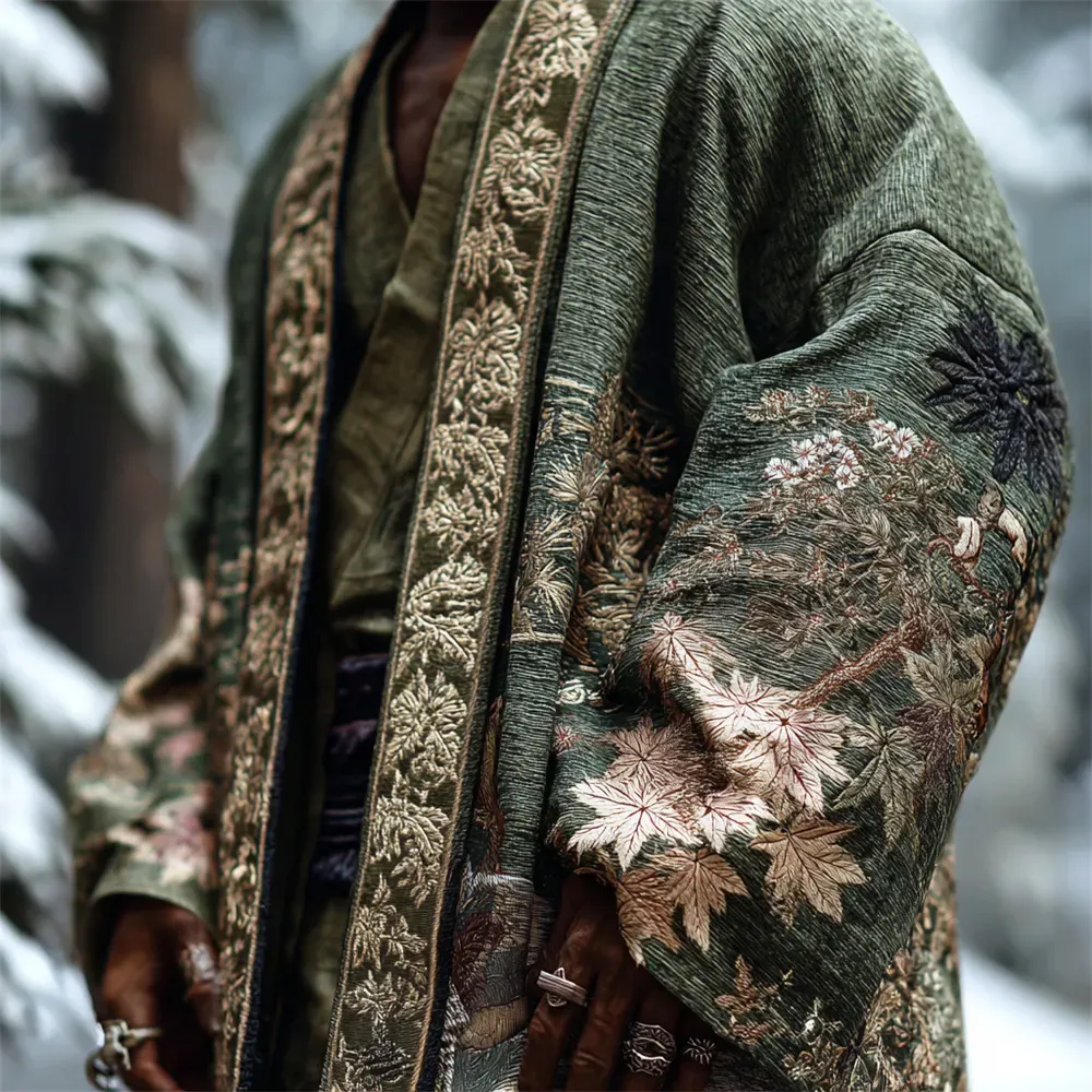 Japanese Maple Leaf Embroidery Art Men's Kimono - Green