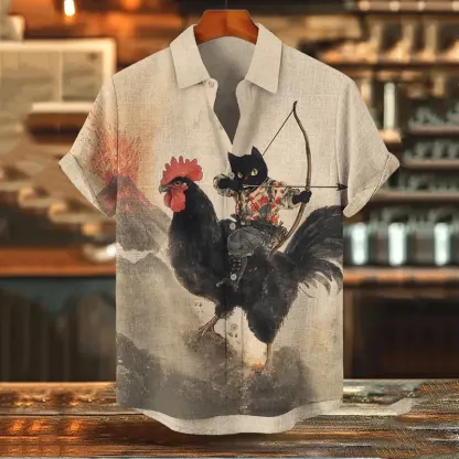 Men's Retro Black Cat Archer And Chicken Print Short Sleeve Shirt - Beige