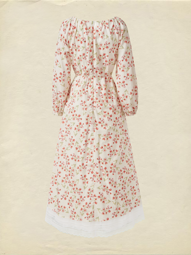 Cotton And Linen Floral Regular Fit Long Sleeve Elegant Dress, Pink - Pink