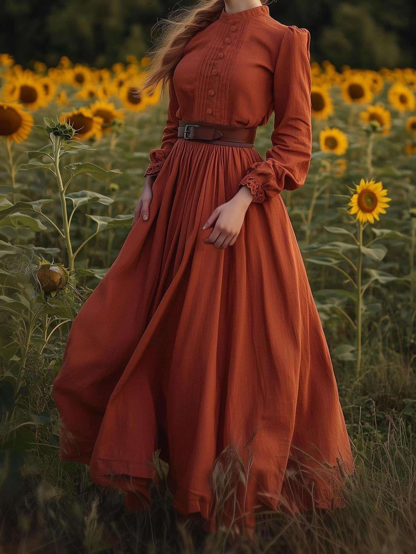 Maxi Linen Dress, Long Sleeves, Stand Collar, Shirt Dress, Linen Blend, Orange - Orange Red