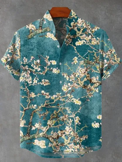 Vintage White Art Florets Print Casual Cotton Shirt - Grey