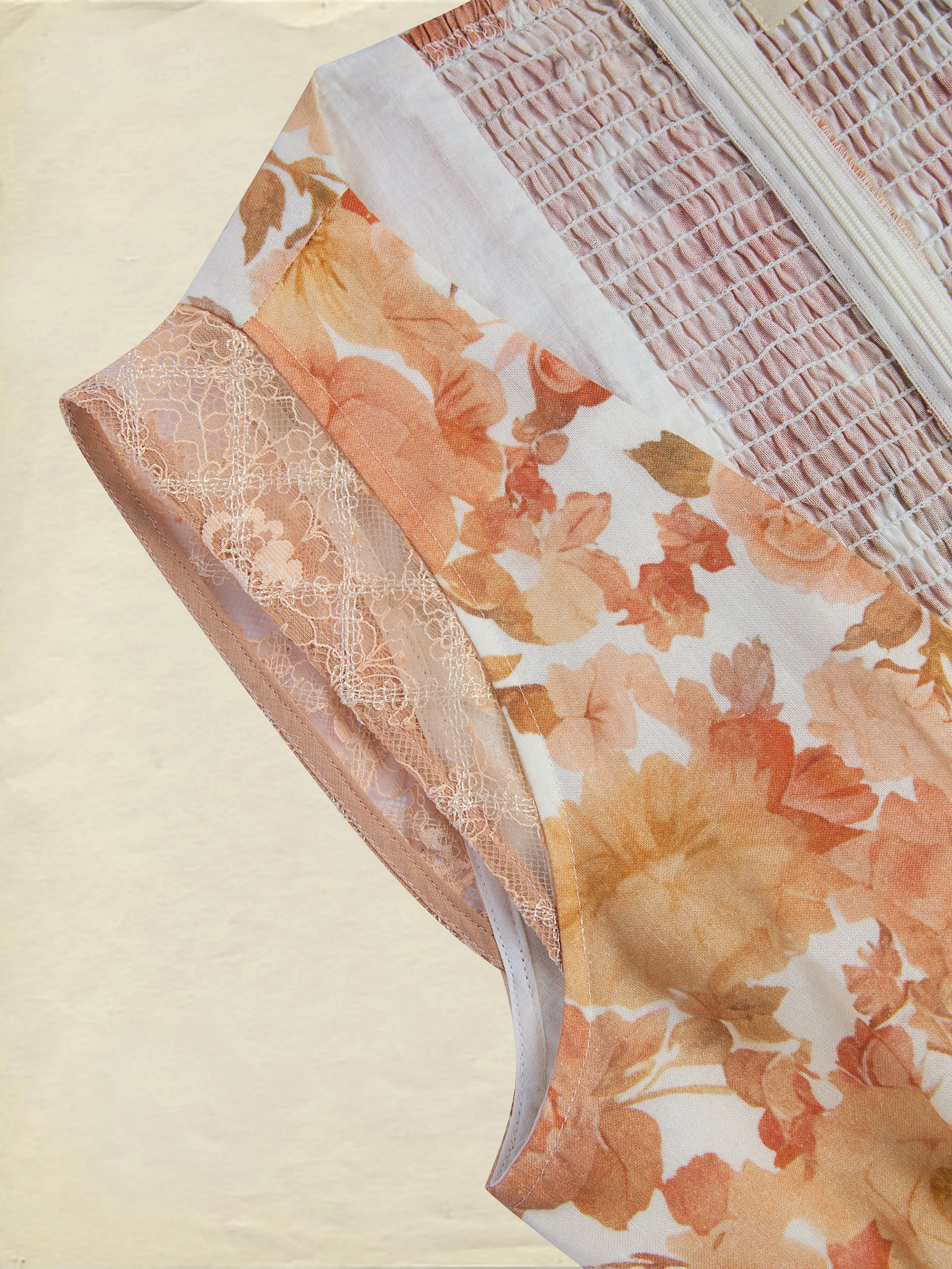 Maxi Linen Dress, Sleeveless, V Neck, Floral, Lace, Vacation, Vintage, Light Orange - Light Orange