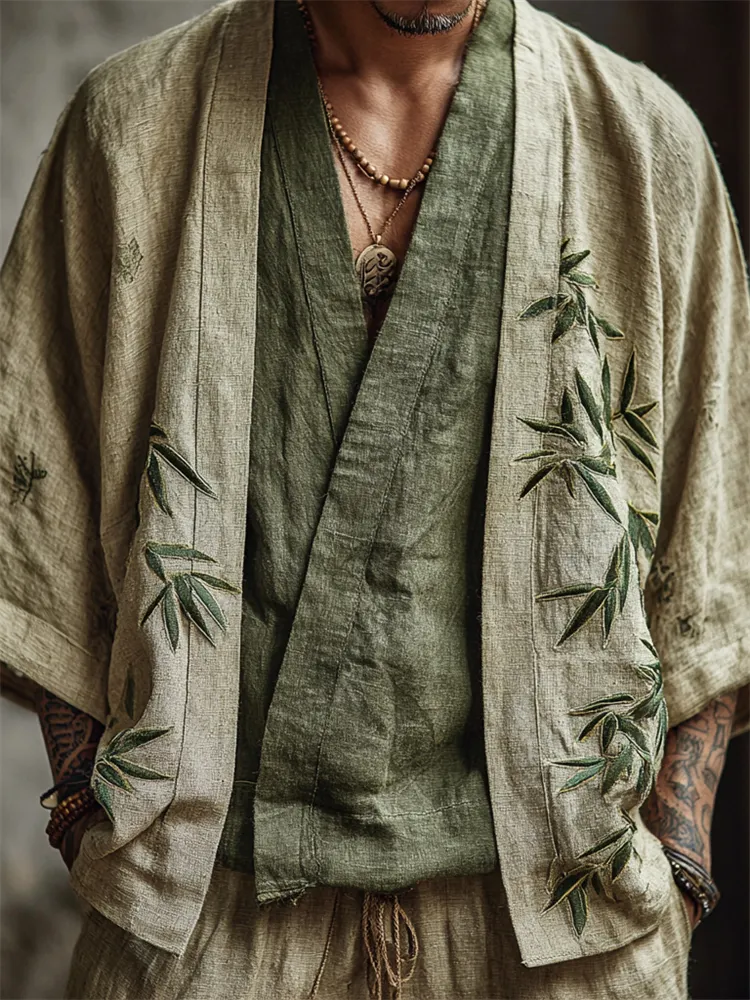Men's Japanese Bamboo Embroidered Linen Kimono Cardigan - Green beige