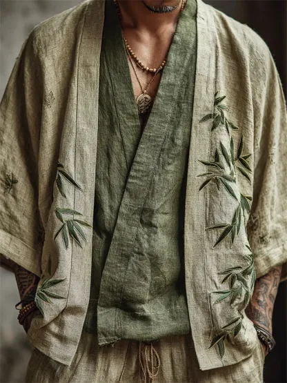Men's Japanese Bamboo Embroidered Linen Kimono Cardigan - Green beige