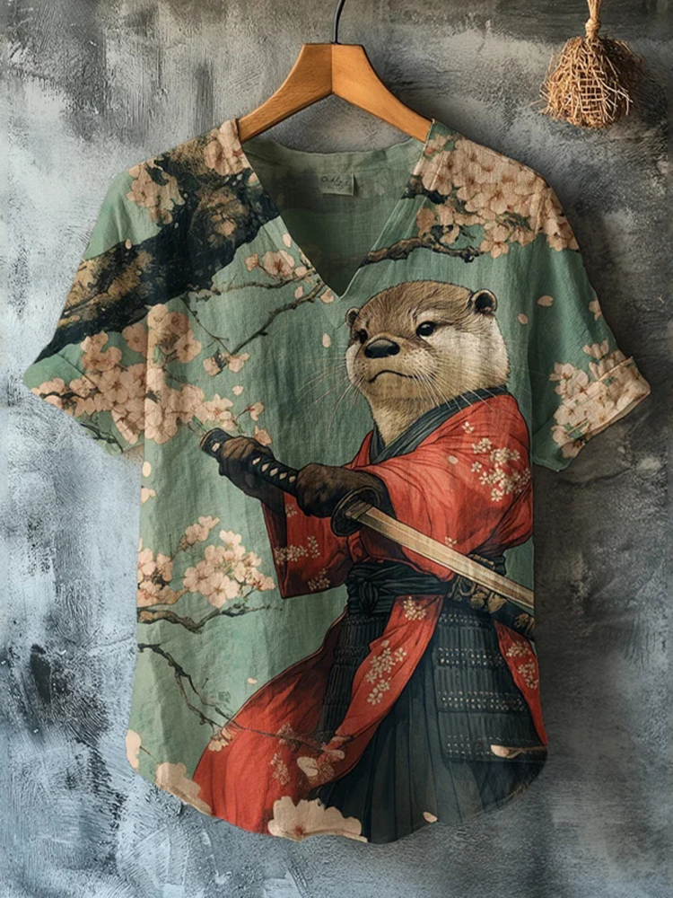 Men's Otter Warrior Training Art Print V-neck T-shirt - Green