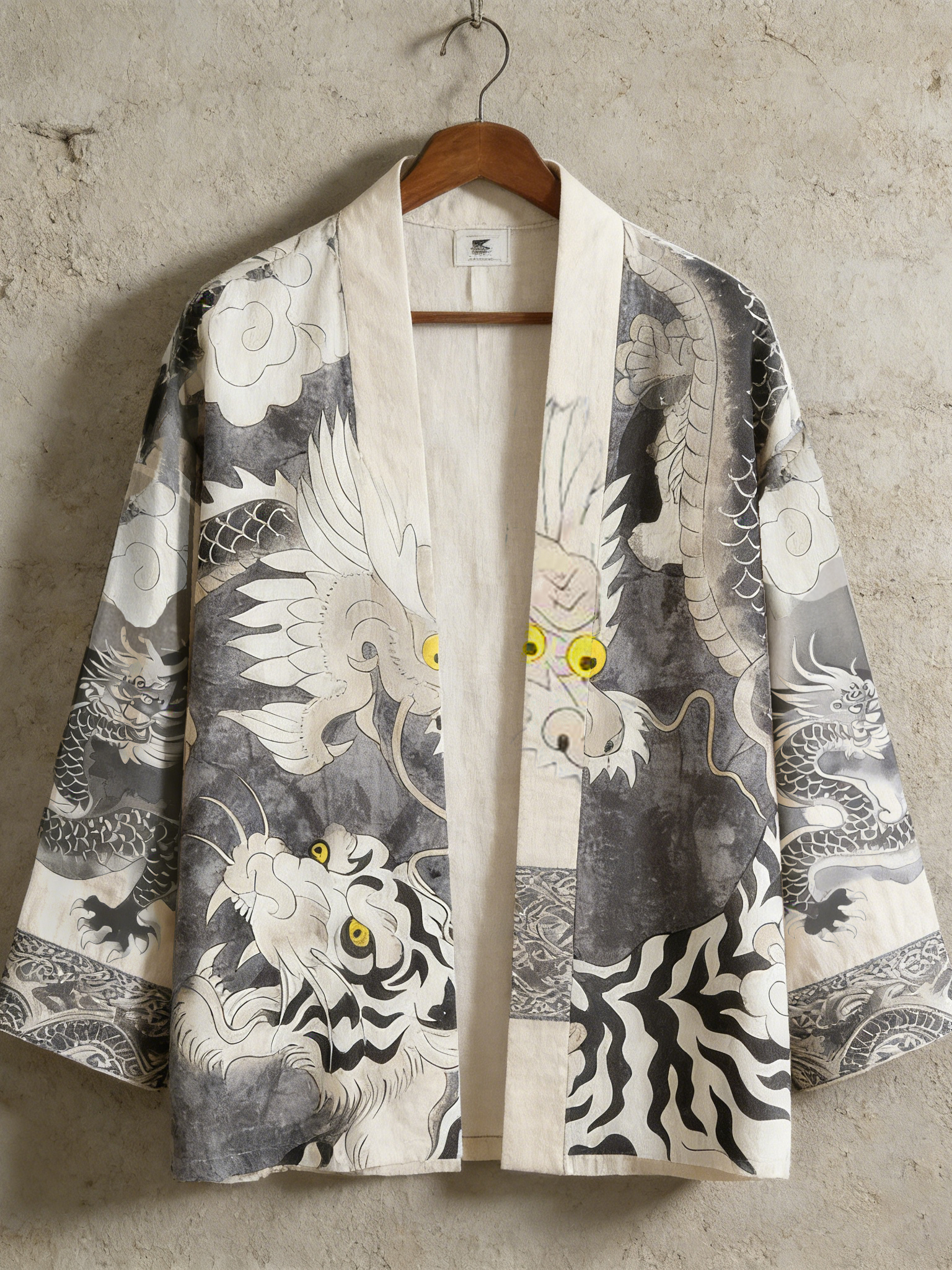 Men's Retro Dragon And Tiger Fight Print Linen Kimono Cardigan - Grey