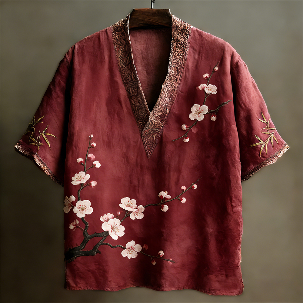 Japanese Plum Pattern Linen Short Sleeve V-neck Shirt - Red
