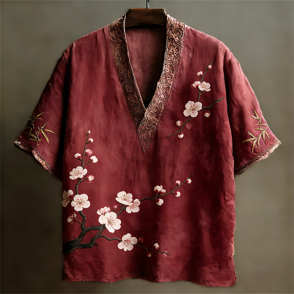 Japanese Plum Pattern Linen Short Sleeve V-neck Shirt - Red