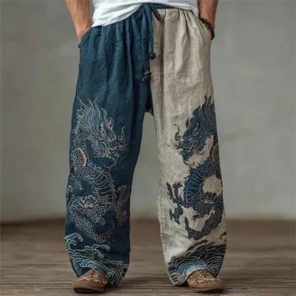 Men's Japanese Dragons Sea Waves Contrast Wide Leg Linen Pants - Blue