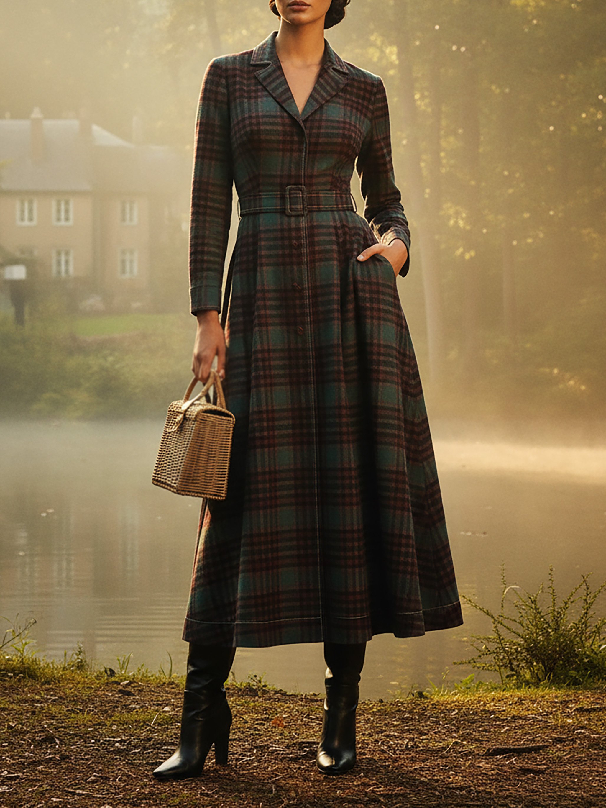 Wool Coat, Long Sleeves, Lapel Collar, Plaid, Belt Design, Vintage, Crimson - Crimson