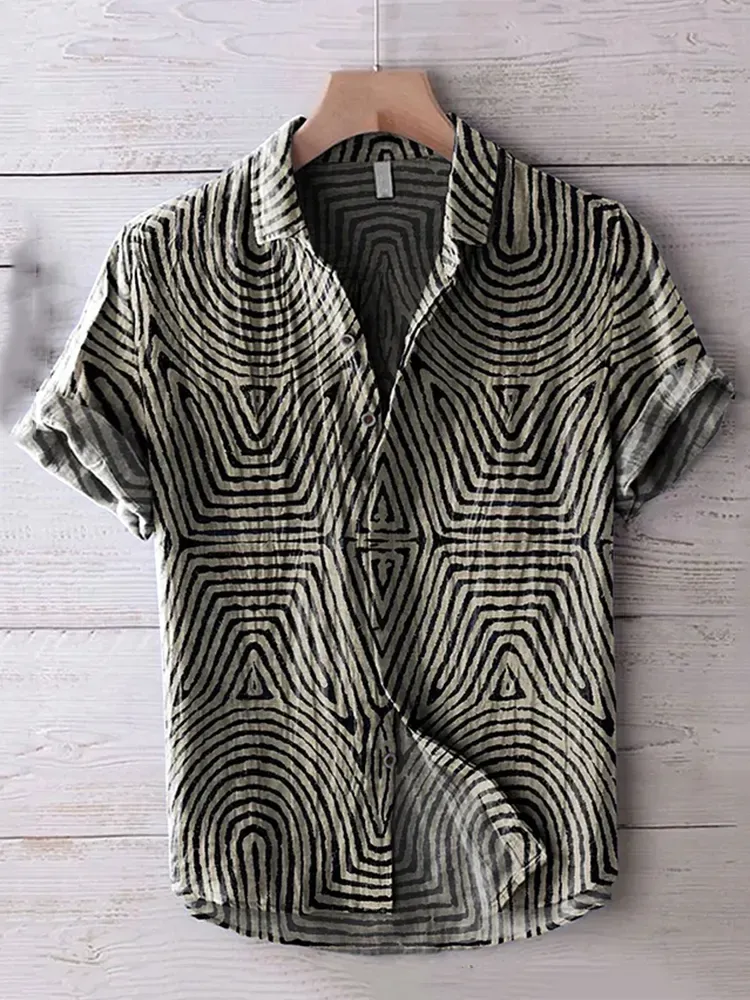 Retro Symmetrical Minimalist Geometric Lines Art Print Casual Cotton Shirt - Khaki
