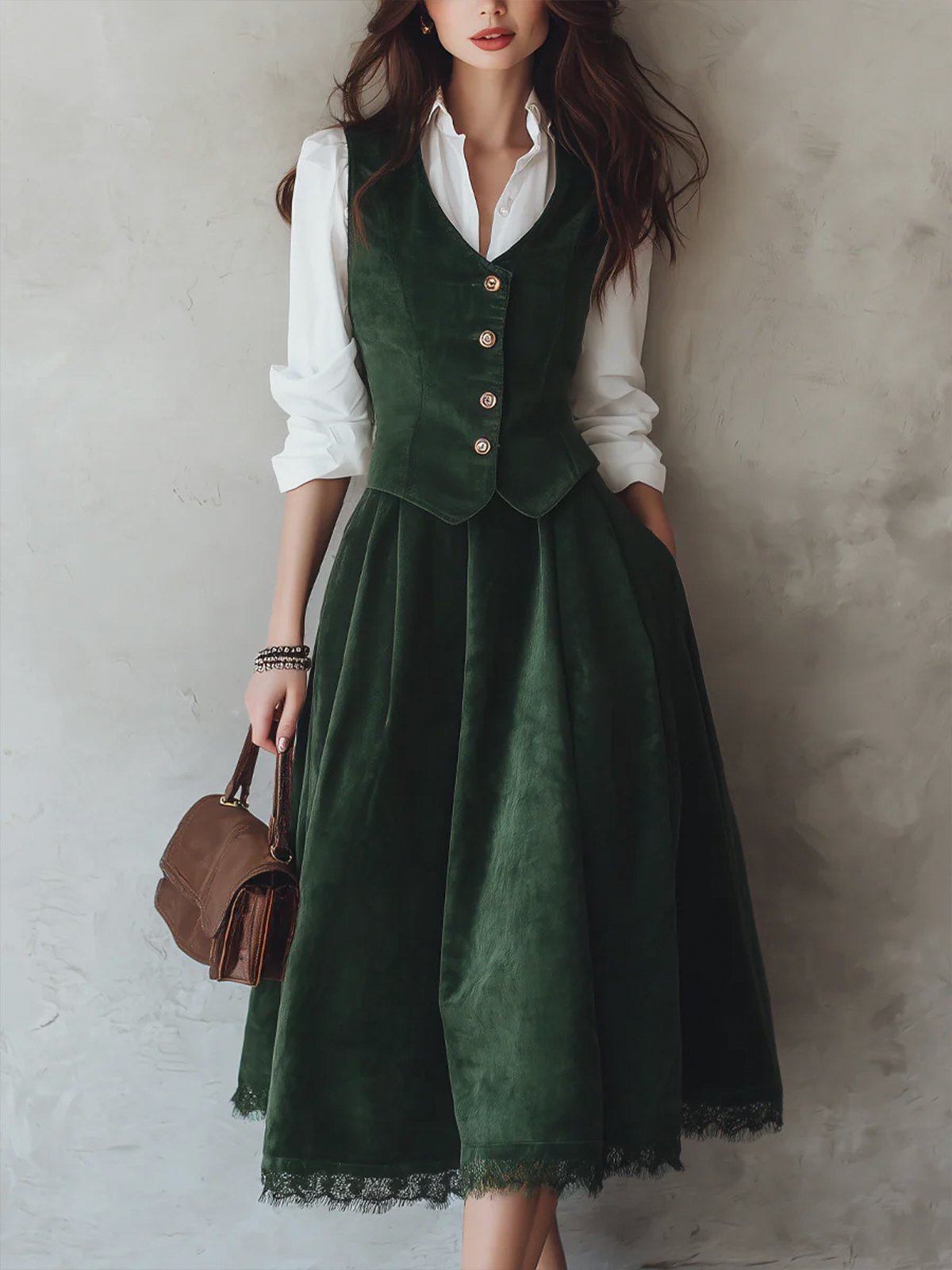 Cotton Vest (Shirt and Skirt Not Included), Sleeveless, V Neck, Plain, Button Design, Vintage, Green - Green
