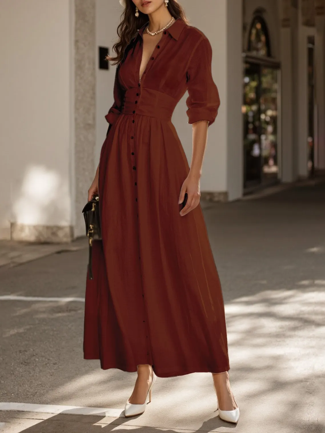 Maxi Cotton Dress, Long Sleeves, Shawl Collar, Plain, Button Design, Vintage, Brick Red - Brick Red