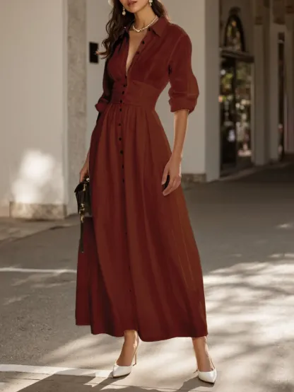 Maxi Cotton Dress, Long Sleeves, Shawl Collar, Plain, Button Design, Vintage, Brick Red - Brick Red