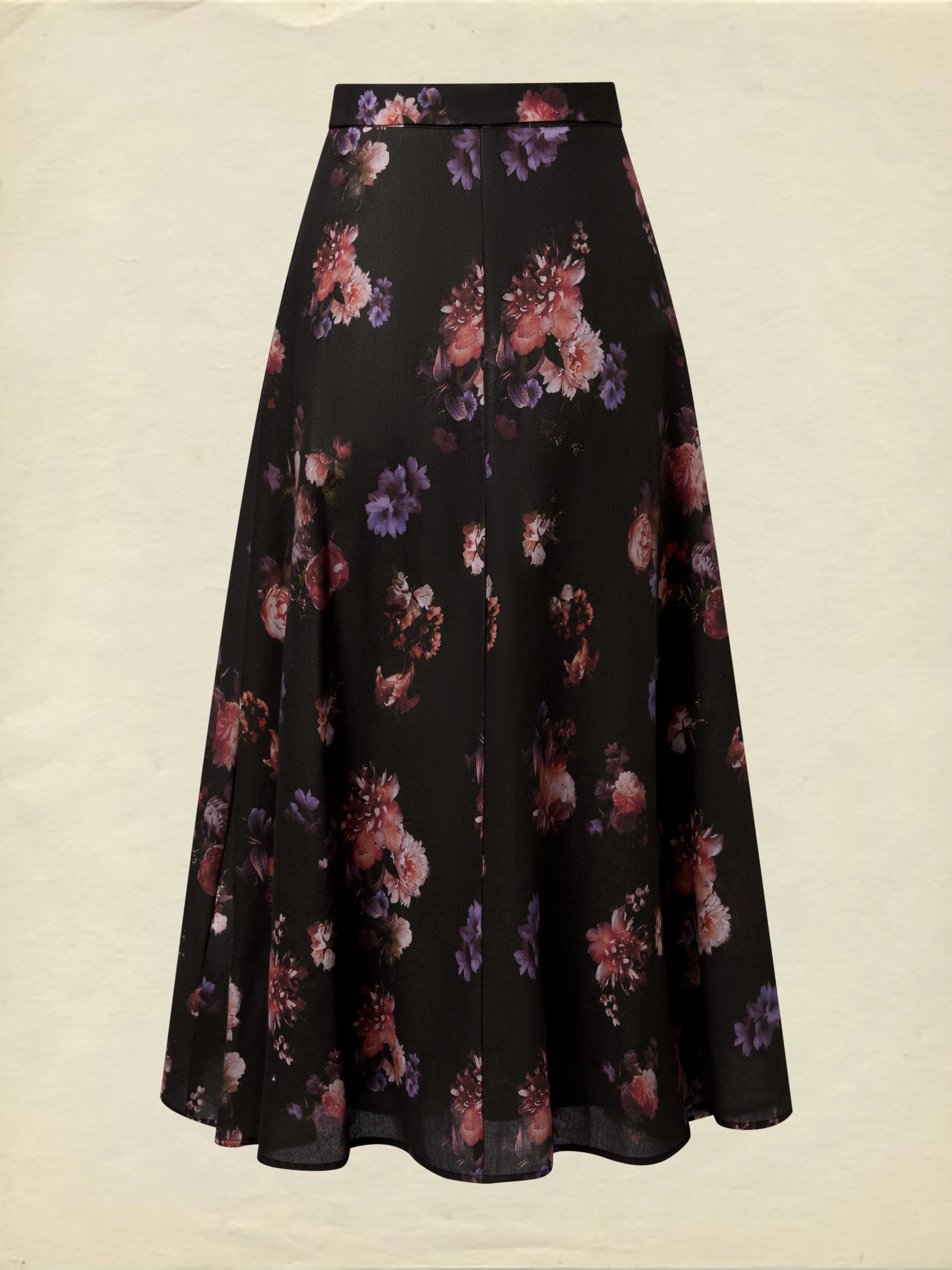 Maxi Cotton Skirt, Floral, Belt Design, Vintage, Black - Black