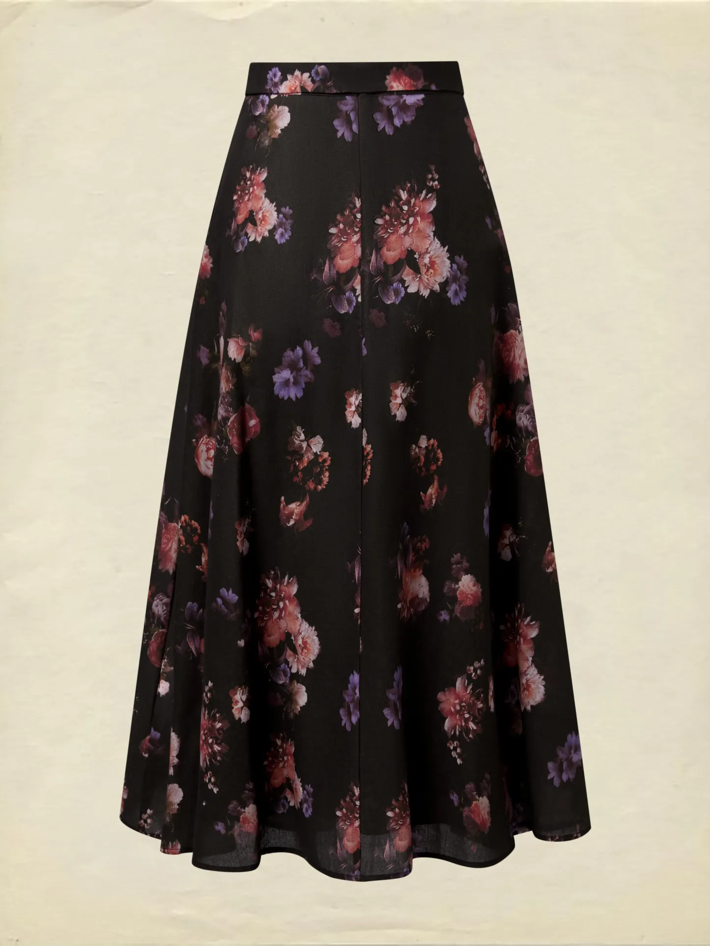 Maxi Cotton Skirt, Floral, Belt Design, Vintage, Black - Black