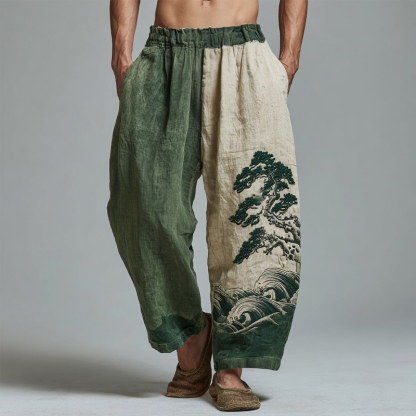 Men's Japanese Waves & Pine Embroidered Contrast Color Linen Pants - Green