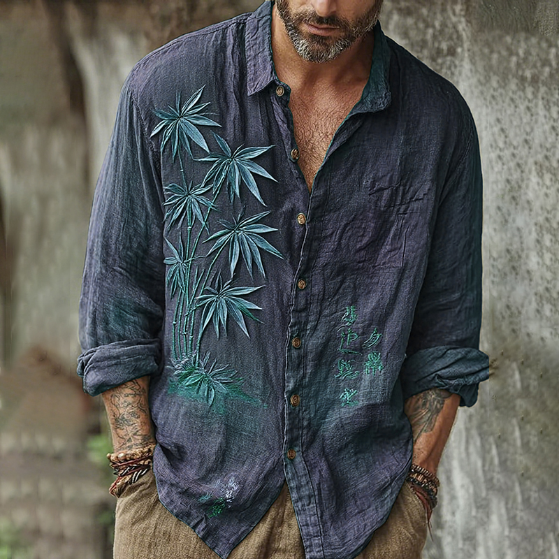 Men's Vintage Japanese Bamboo Embroidery Art Long Sleeve Linen Blend Shirt - Grey
